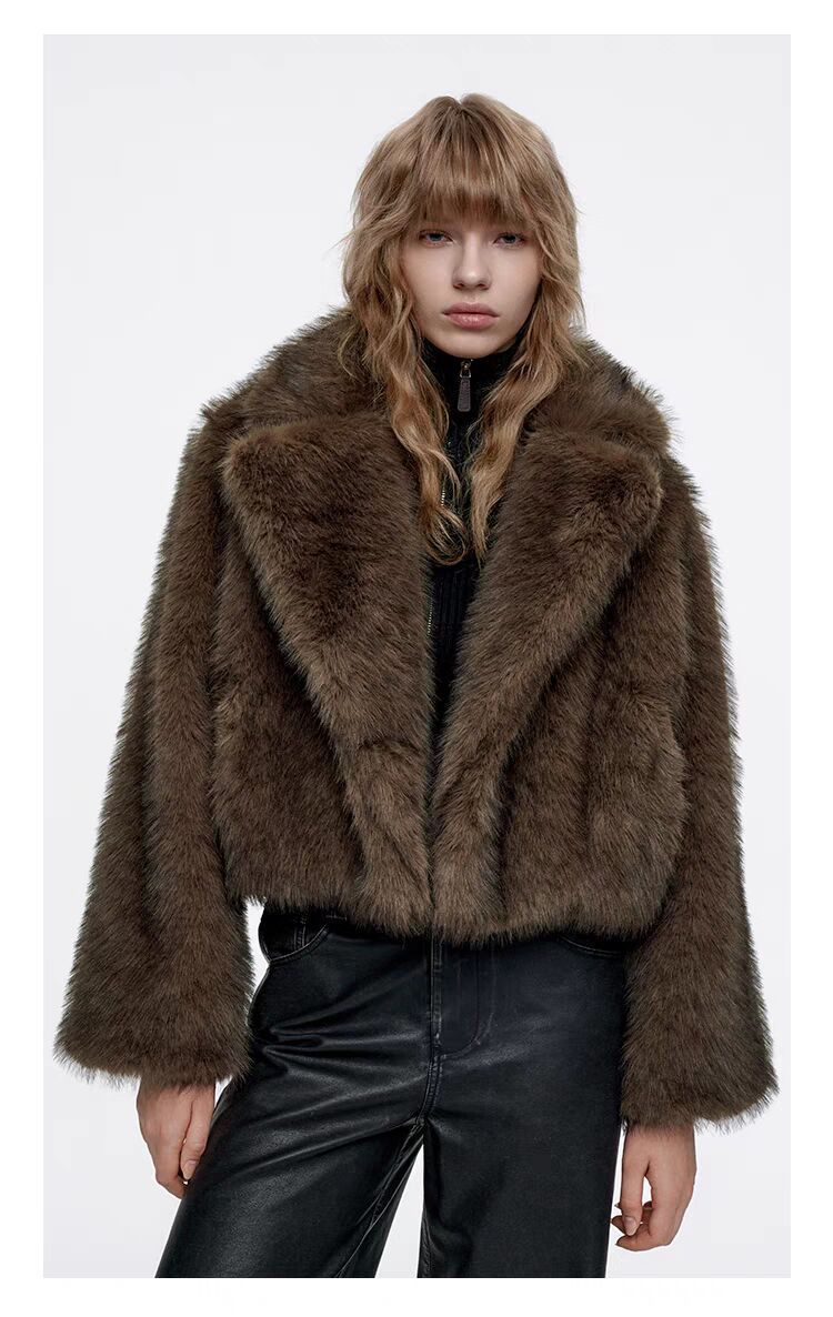 Schicker kurzer Damen Kunstpelzmantel mit Reverskragen, Winter Teddyjacke, elegantes Cropped Top für Streetwear & Casual_voghion.com