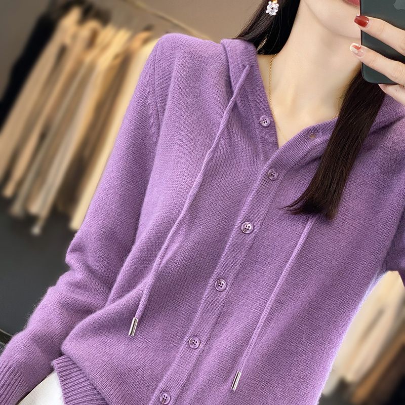 Cardigan lavorato a maglia con cappuccio, nuovo colore solido autunnale per donna, maglione corto e largo, felpa con cappuccio_voghion.com
