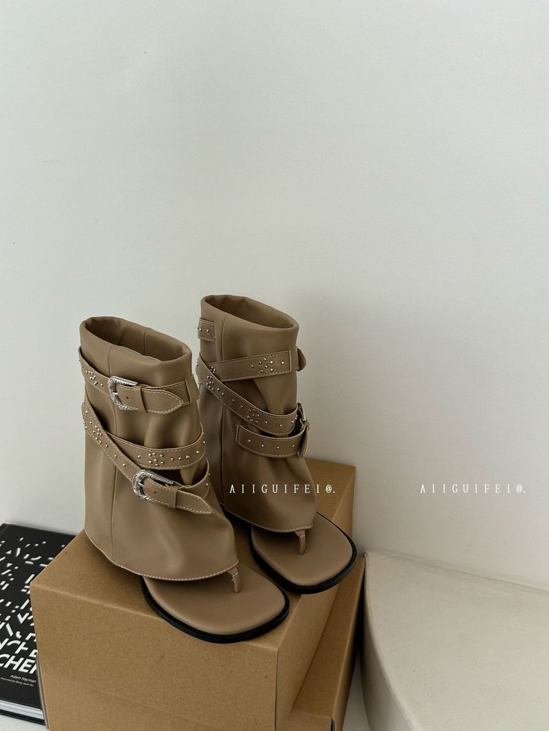 2119-3~ Sandalen mit Zehenclip im französischen Stil mit Blockabsatz für Damen 2024 Sommer Neue Westernjeans-Röhrenstiefel_voghion.com