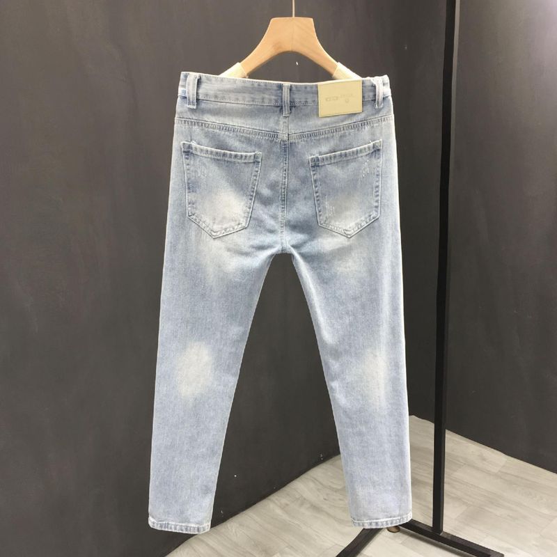 Broken Hole Jeans Men's 2025 Summer New Brand Thin Slim Fit Small Foot Trendy Rolled Edge Nine Part Casual Pants_voghion.com
