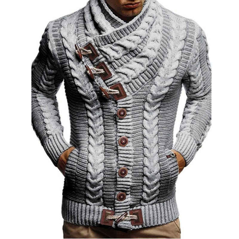 Autumn and Winter New High Collar Cow Horn Leather Button Sweater Men's Knitted Cardigan Top Clothes_voghion.com