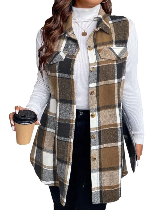 Verve Autumn Winter New Women's Fashion Plaid Sleeveless Turn-down Collar Side Pocket Shirt Vest_voghion.com