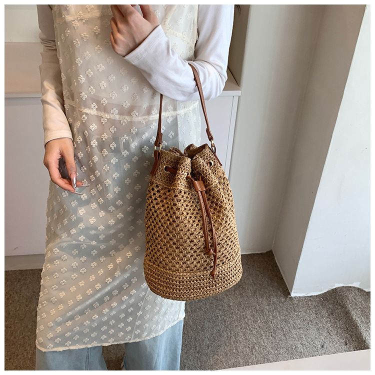 Borsa a secchiello da donna, borsa intrecciata, borsa a secchiello alla moda da donna, borsa di paglia, borsa da spiaggia, borsa a tracolla_voghion.com