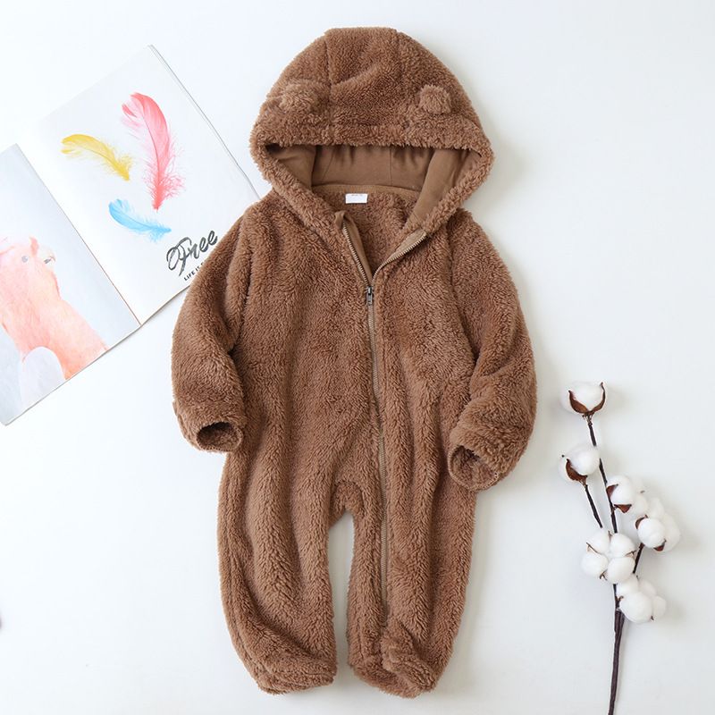 Soft Fleece Hooded Baby Jumpsuit With Mittens - Unisex Cartoon Style Infant Romper For Newborns - Cozy Zipper Closure, Long Sleeve, Neutral Colors_voghion.com