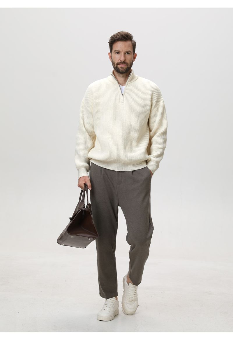 Solid Color Vertical Stripe Texture Stand-up Neck Sweater Men's Autumn And Winter Semi-zipper Knitted Sweater Lazy Loose Trendy Coat_voghion.com