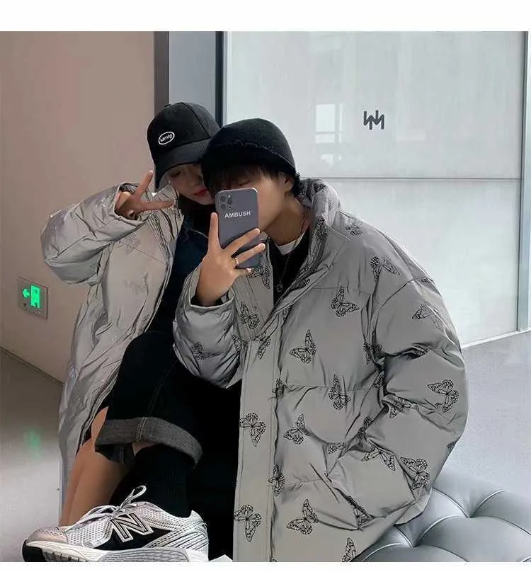 Veste parka rembourrée réfléchissante pour homme et femme, manteau d'hiver épais, coupe-vent, ample et chaud, avec papillon brillant_voghion.com
