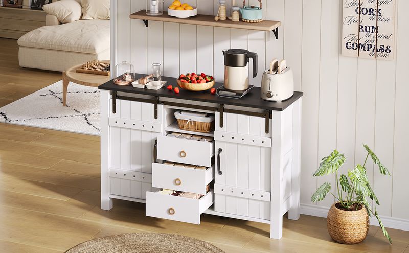 Buffetschrank Bianco 120cm Con Schiebetüren, 3 Schubladen, Rustikaler Holzstil_voghion.com