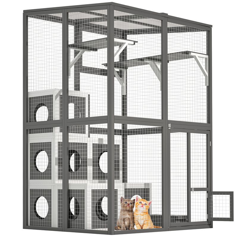 Outdoor Wooden Cat Catio - Large Solid Wood Cat Cage Playpen With 2 Jumping Platforms & 7 Napping Houses, Walk-in Cat Kennel Condo Shelter, Grey_voghion.com