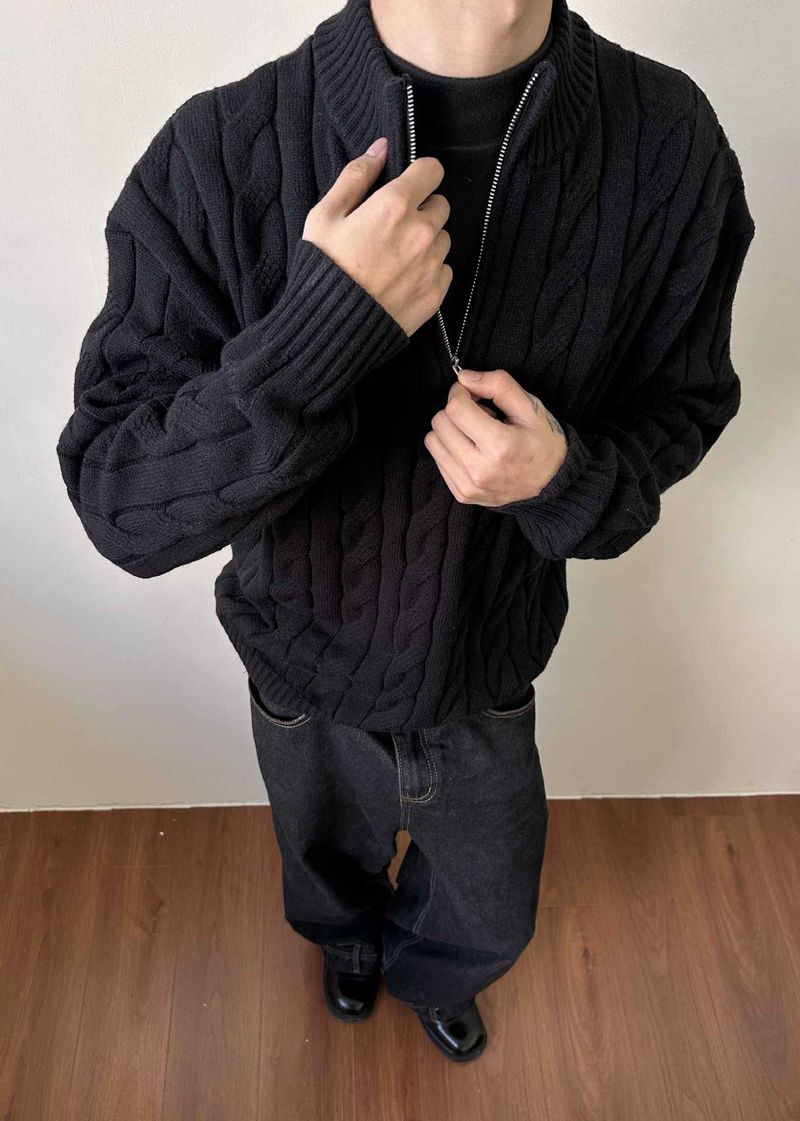 Relaxed Cable-Knit Sweater – British-Inspired Chunky Half-Zip Pullover For Men & Women (Oversized Fit, Gray/Black/Beige, )_voghion.com