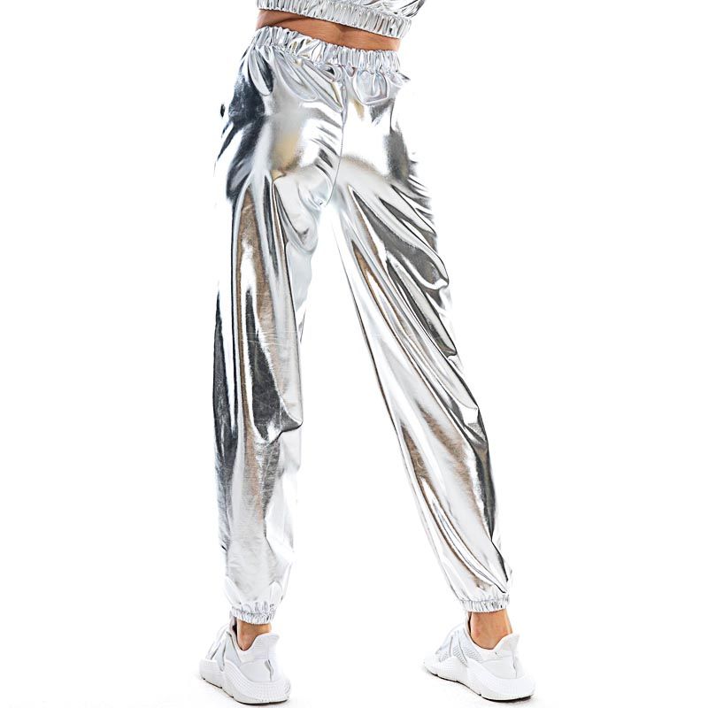 Heißer verkauf Glänzend Holographische Frauen Lose Hohe Taille Metallic Hosen Dance Performance Hip Hop Hosen Streetwear Jogger_voghion.com