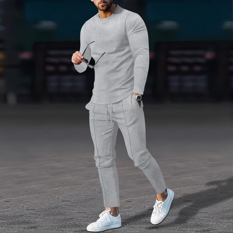 2024 Autumn New Men's Solid Color Waffle Round Neck Long sleeved Pants Set_voghion.com