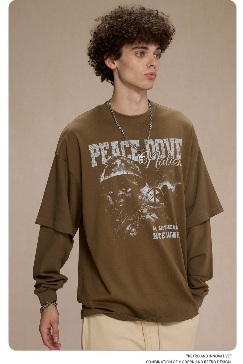 autunno oversize 2024 stampa 305g T-shirt a maniche unite pseudo due pezzi per la moda di strada girocollo americano da uomo_voghion.com