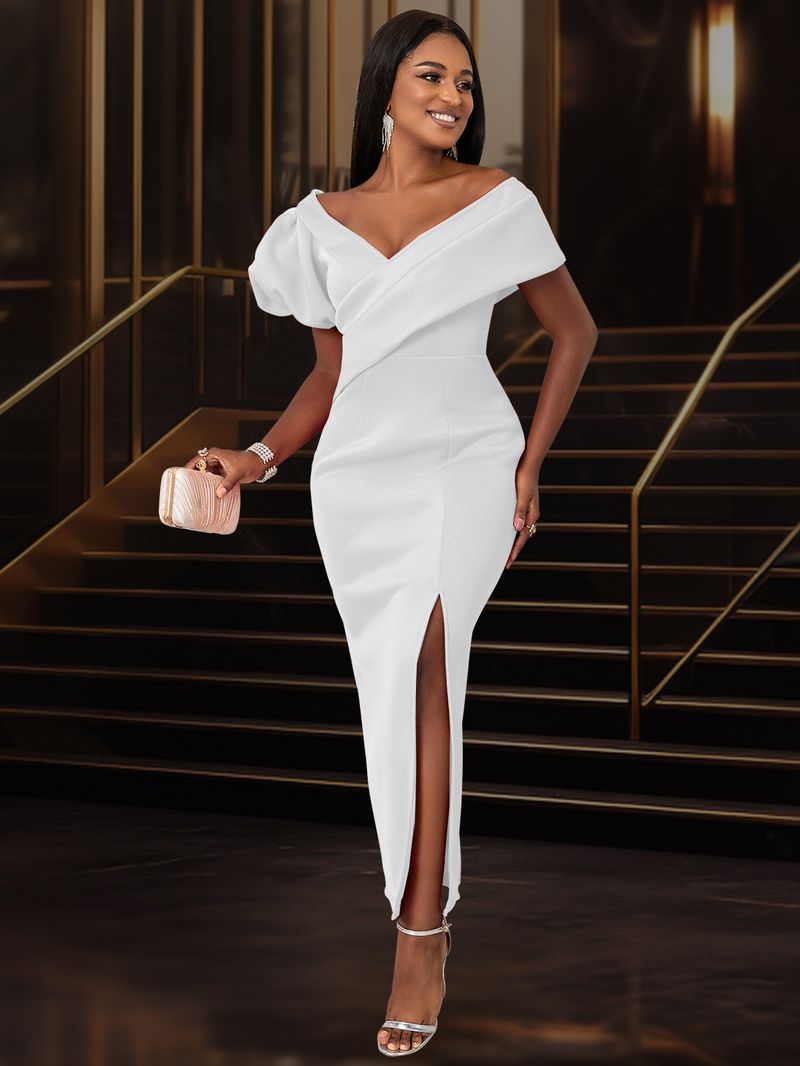 Elegant V-Neck Lantern Sleeve Party Dress - Flattering Black Formal Gown For Women, High Waist Asymmetric Hem, Plus Size Available (S-XXL)_voghion.com