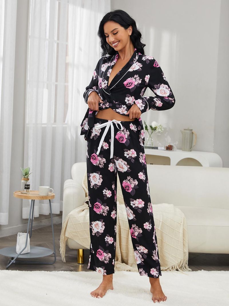 Women's Pajamas Autumn Winter Sleeve Robe Long Pants Homewear Two-Piece Set Wearable Outside_voghion.com