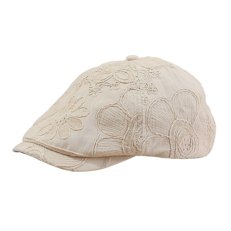 Thin Embroidered Flower Forward Cap For Women, Spring And Summer New Versatile Face-Slimming Duckbill Beret, Breathable_voghion.com
