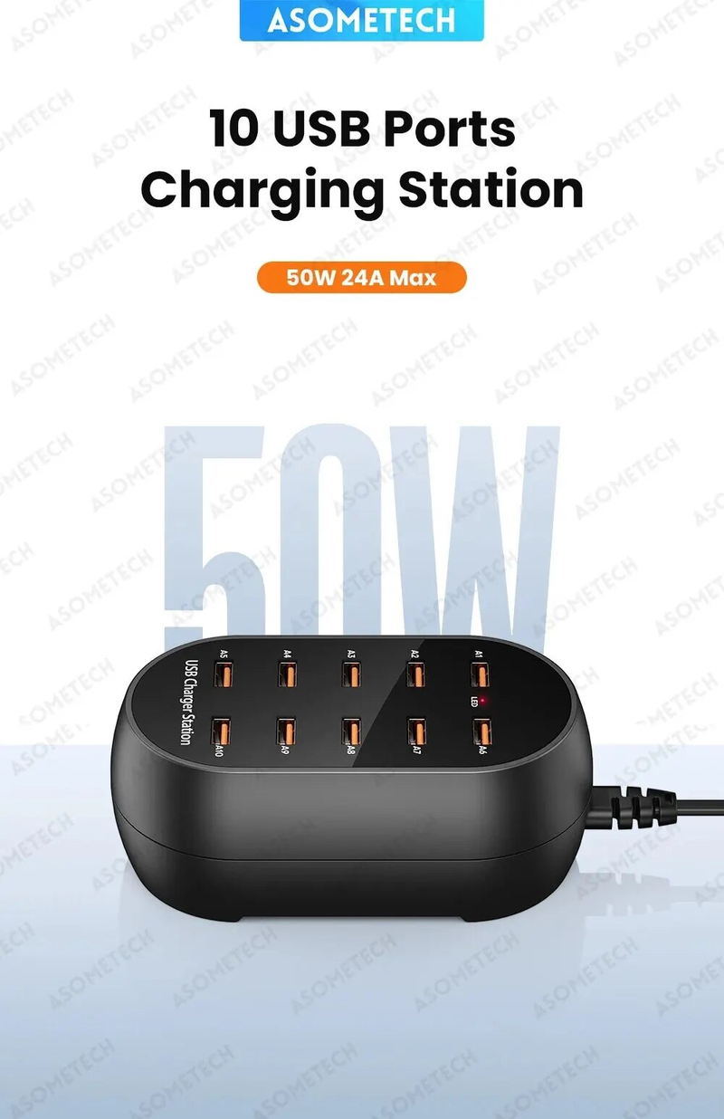 ASOMETECH 10 Port Charger 100V-240V EU US KR UK Plug Desktop USB Charging Station For Multiple Devices iPhone_voghion.com
