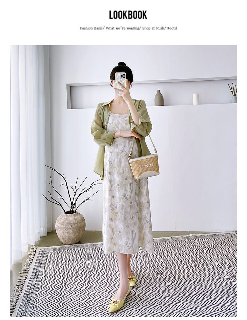 Completo da donna incinta, abito in chiffon con gonna e bretelle, camicia in tencel, abbigliamento con protezione solare, set due pezzi primaverile_voghion.com