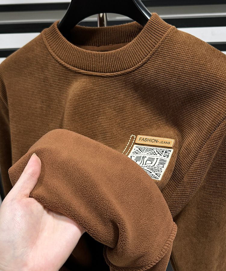 Premium Fleece-Lined Crewneck Sweatshirt For Men – Thickened Winter Thermal Base Layer With Brushed Polyester Interior, Classic Solid Color Pullover_voghion.com