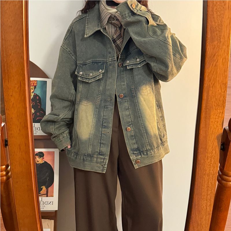 Amerikansk tvättad denim för män och kvinnor, vintagepolerad vit trendig märkesjacka för par_voghion.com