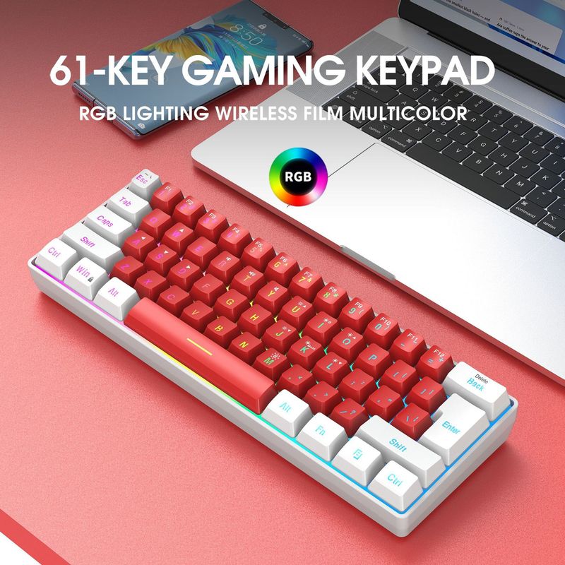 Neues Dünnschicht-Design mit 61 Tasten in Weiß-Rot, Mini-Spieletastatur mit einfachem mechanischem Gefühl, geeignet für Laptops und Desktops_voghion.com