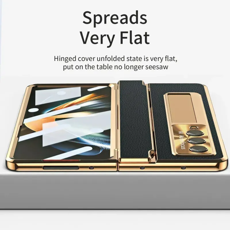 Plating Gloss Leathe Phone Case Fo Samsung Galaxy Z Fold 7 6 5 4 3 Hinge Desktop Kickstand Anti-Dop Potect Back_voghion.com