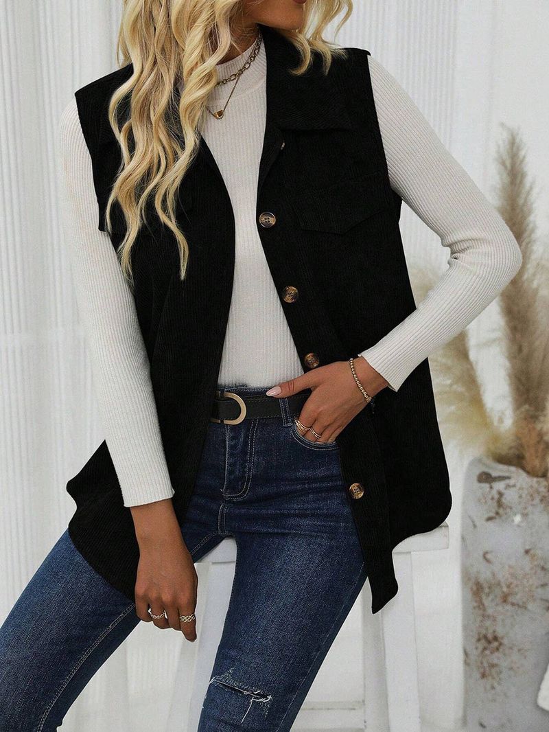 Gilet spolverino in velluto a coste da donna – Giacca lunga con bottoni e colletto a revers, cardigan casual da ufficio color cammello, capo essenziale per un look a strati in poliestere_voghion.com