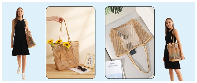 New Folding Beach Bag Mesh Handbag Women's Shoulder Bag Shopping Bag Summer Outdoor Travel Bag_voghion.com