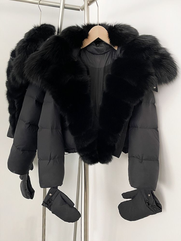 Women’s Short Puffer Jacket With Detachable Fox Fur Collar – Korean Style, Pastel Colors, Slim Fit Winter Coat_voghion.com