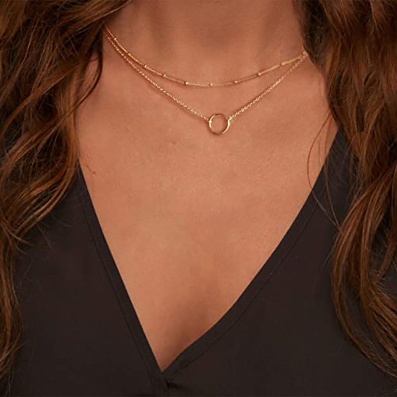 hot selling clavicle chain retro simple ring double layer necklace copper bead chain circle pendant necklace_voghion.com
