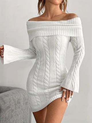 Women's Off-Shoulder Knitted Bodycon Dress With Flared Sleeves - Stretchy Ribbed Casual Midi Dress For Autumn (White, Black, Beige, Peach, Red)_voghion.com