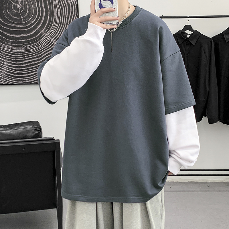 Candy colored long sleeved hoodie for men's spring and autumn new round neck fake two-piece ins neutral solid color sports pullover for men_voghion.com
