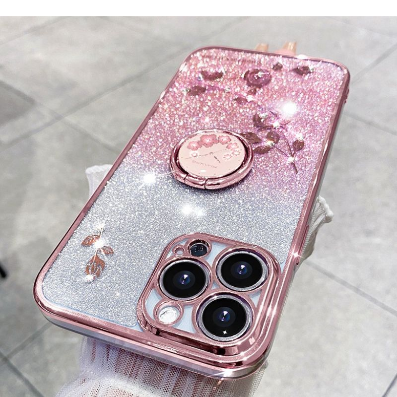 For iPhone 14 Pro Max Case Luxury Glitter Plated Grip Tok Ring Holder Floral Cover for iPhone 11 12 13 mini 7 8 Plus XS Max XR X_voghion.com