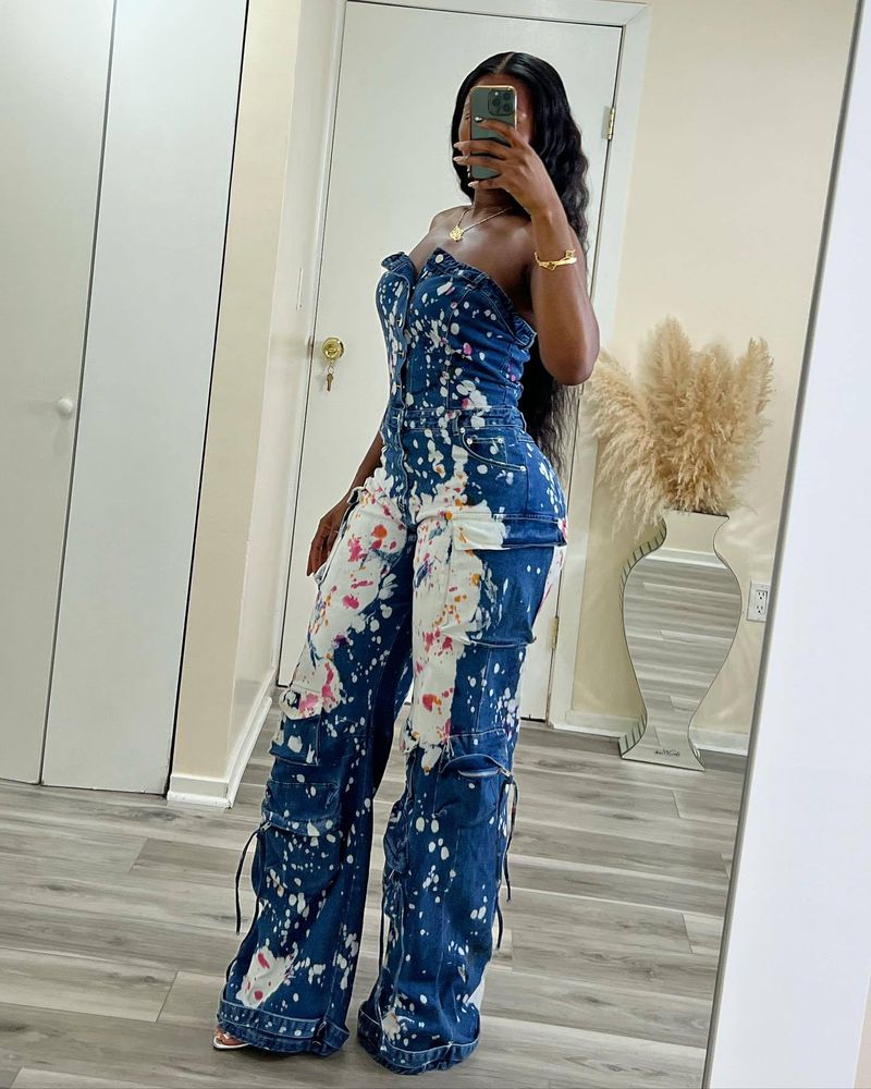 Women's Clothing Tight Waist Elastic Strapless Workwear Denim Jumpsuit _voghion.com
