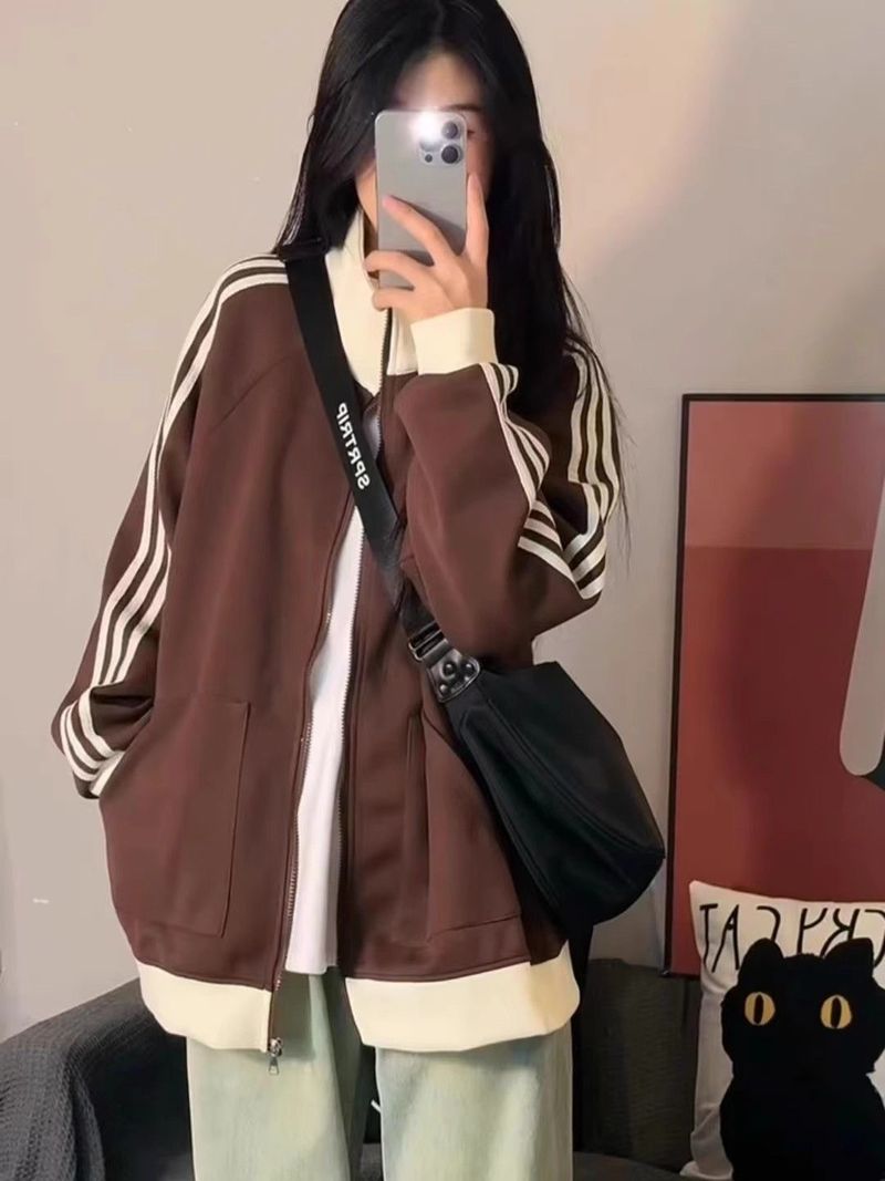 Color Block Patchwork Stand Collar Sweatshirt For Women Spring Autumn Versatile Loose Mid-Length Zipper Baseball Jacket_voghion.com