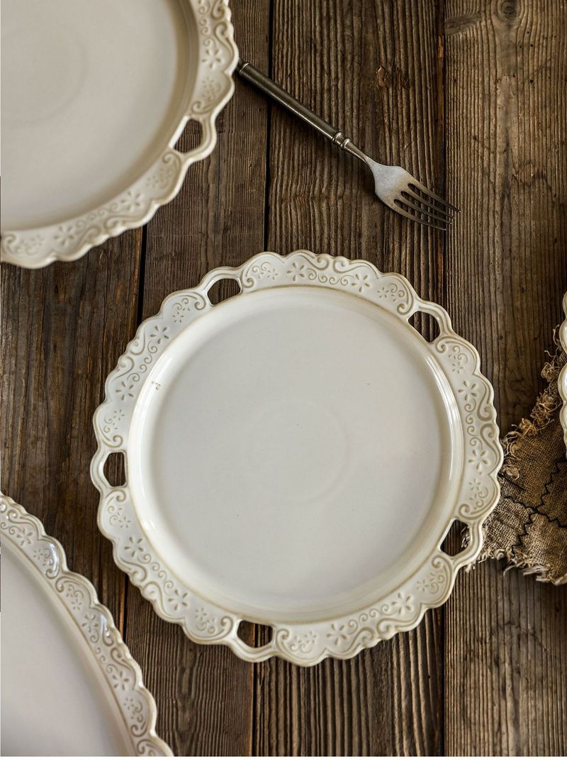 Luxury Ceramic Dinner Plates Set – 10.3" Elegant Embossed Round & Oval Plates With Wooden Pedestal (Microwave Safe, Minimalist Chic For Home & Cafe)_voghion.com