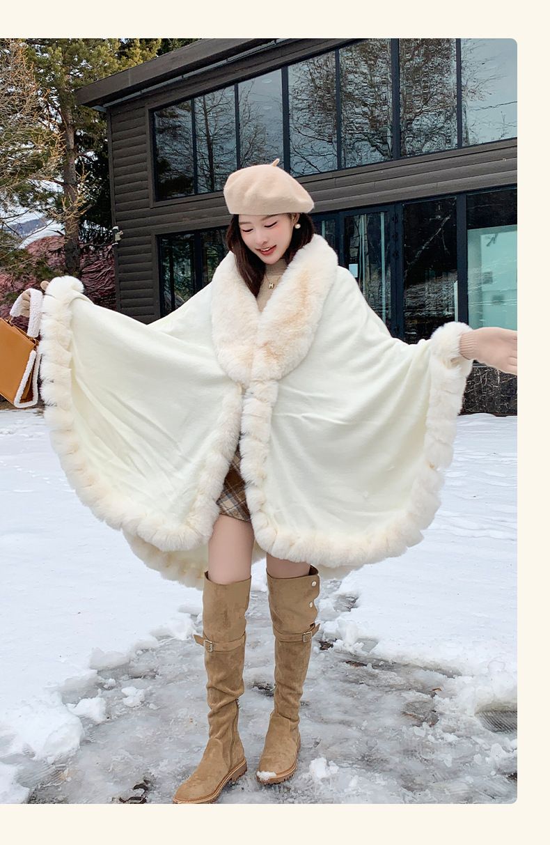 Cardigan oversize in maglia da donna con collo in pelliccia sintetica di coniglio – Caldo cappotto invernale a mantella, vestibilità ampia, stile street (beige/bianco/rosa/nero/grigio/caffè)_voghion.com