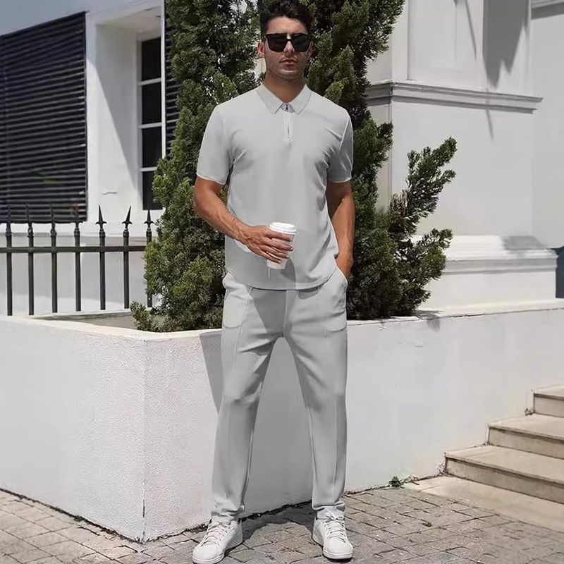 Ensemble 2 pièces pour homme, col rabattu, fermeture éclair, manches courtes, pantalon, décontracté, sport, mode, été 2025_voghion.com