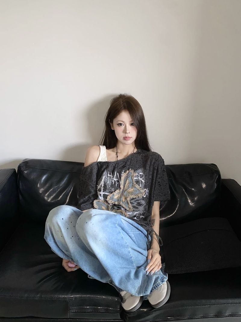 Mädchen-T-Shirt im amerikanischen Stil mit Schmetterlingsprint, Used-Look, kurzen Ärmeln, für Damen, Sommer, süß, würzig, gerafft, schulterfrei_voghion.com