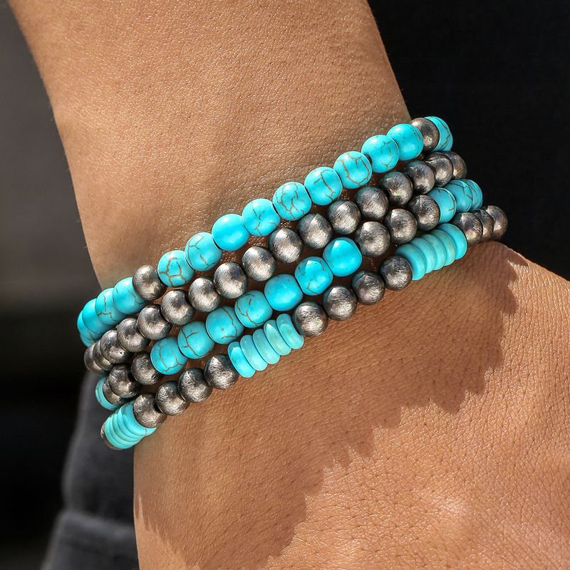 Vintage Brushed Tin CCB Round Bead Bracelet Navajo Western Handmade Bead String Turquoise Bracelet For Women_voghion.com