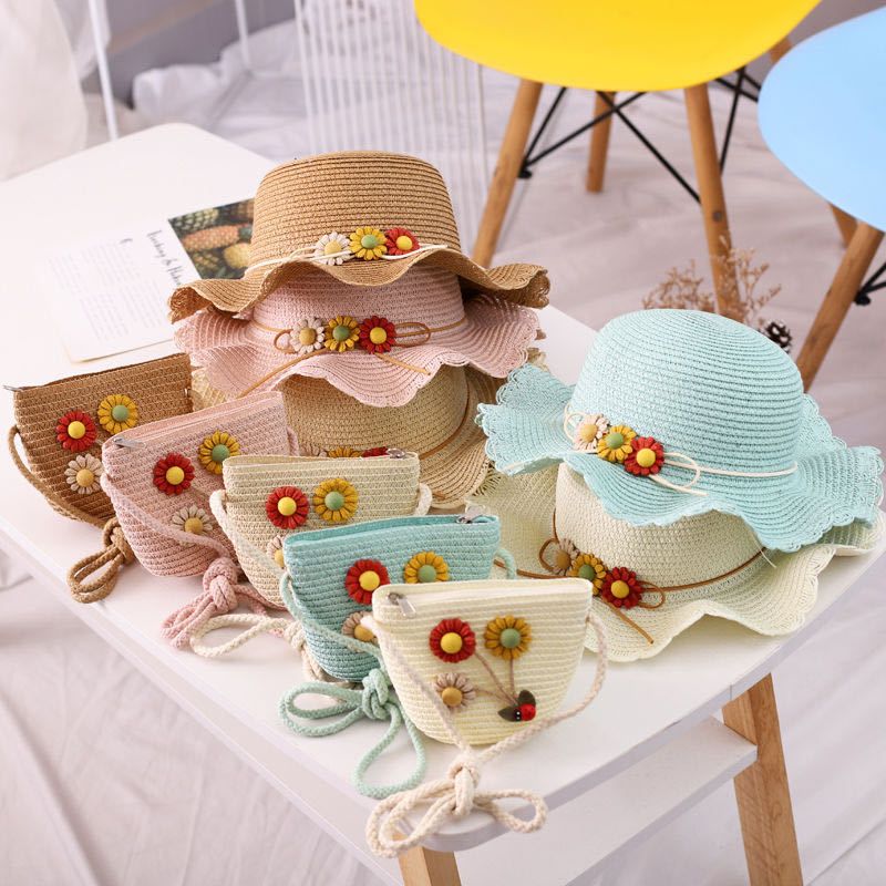 Moda Ragazze Paglia Età Turismo Fiore Bambini Cappello da Sole e Borsa Set Bambino Esterno Tesa Larga Cappelli da Pescatore per Bambini_voghion.com
