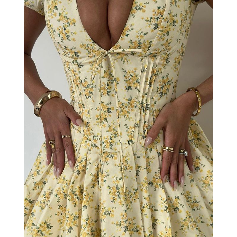 Women's 2024 Autumn New Fashion Sexy Floral Puff Sleeve V-neck Slim Fit French Dress_voghion.com