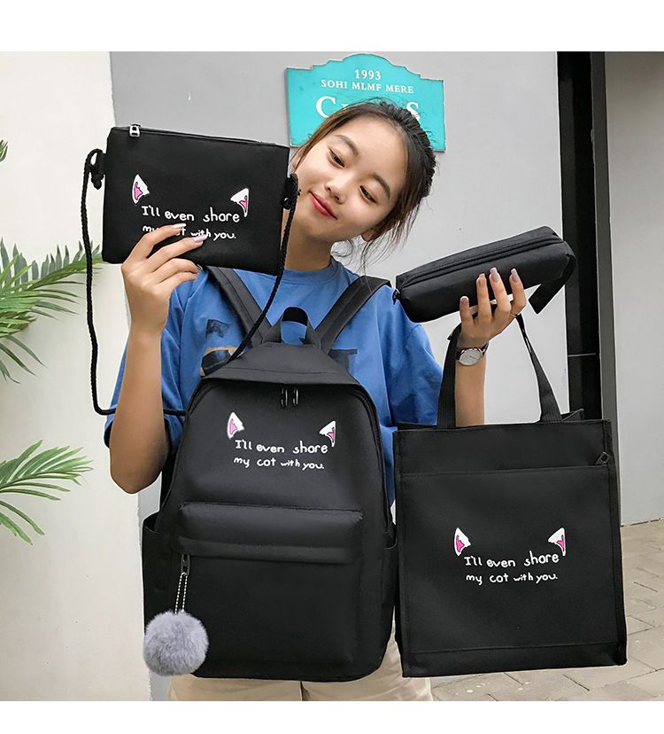 Rucsac de primăvară și de vară pentru femei, nou, la modă, cu patru piese, din pânză, cu urechi de pisică, pentru studenți și școală_voghion.com