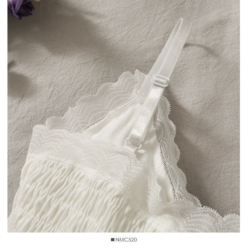 Canotta in pizzo plissettato francese primaverile ed estivo con cuscino da donna, indossata come base, bella schiena e petto avvolti_voghion.com