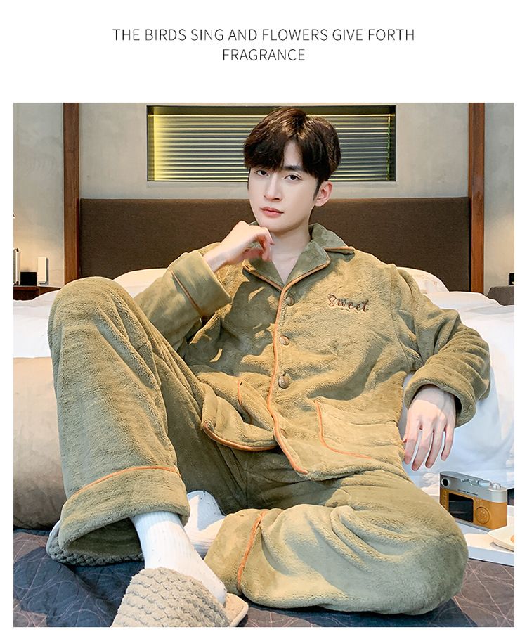 Men's sleepwear, men's with thick coral fleece, autumn and winter 2024 flannel home suit set_voghion.com
