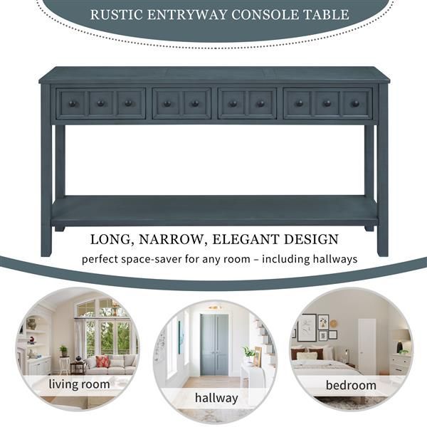 Rustic Entryway Console Table, 60' Long Sofa Table With Two Different Size Drawers And Bottom Shelf For Storage (Navy)_voghion.com