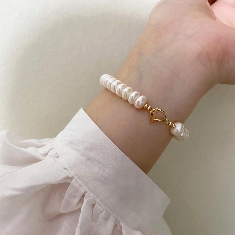 Bracciale Abacus Flat Freshwater Charm Internet in acciaio al titanio rosso con fibbia OT, edizione coreana, da donna, alla moda, con grandi perle_voghion.com