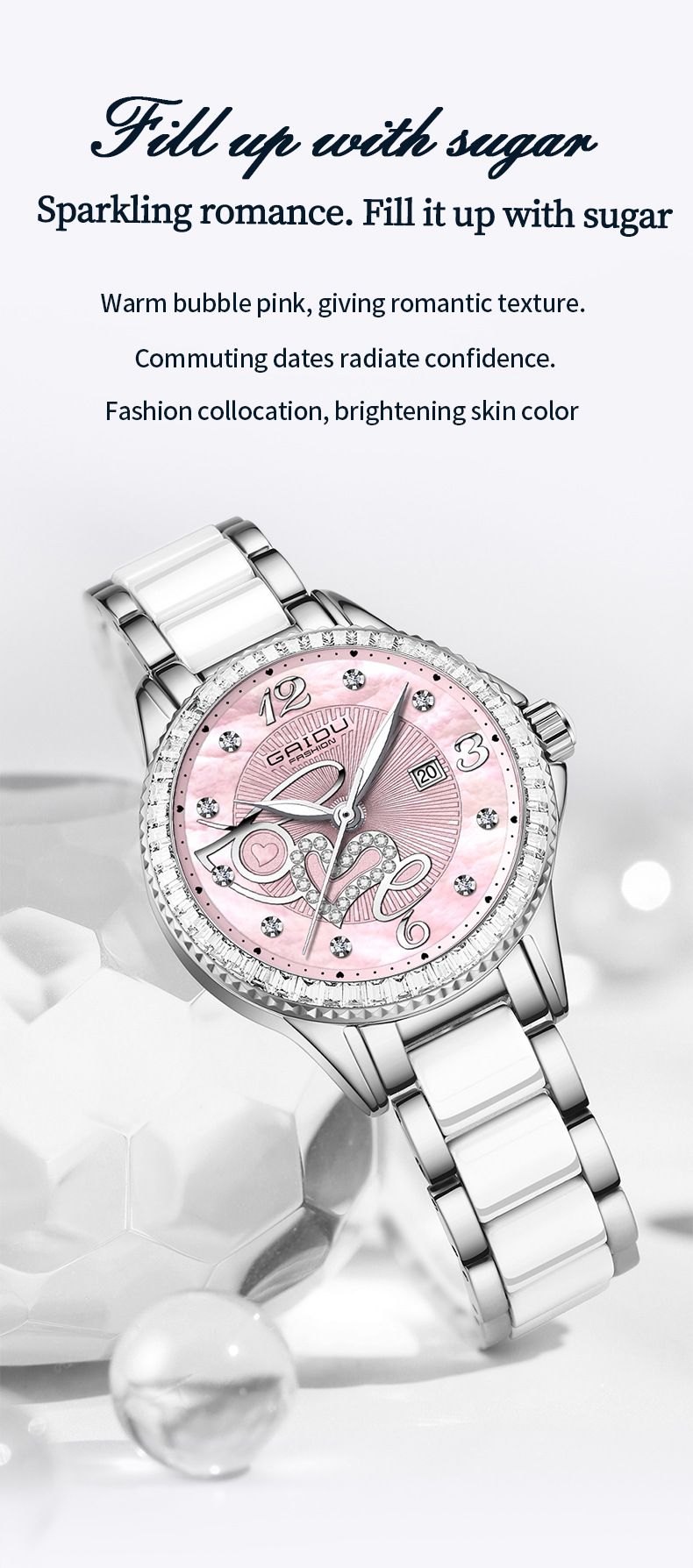 Women's Elegant Waterproof Diamond-Accented Watch With Ceramic-Like Stainless Steel Band, Minimalist Round Dial, Date Display, 30M Water Resistance_voghion.com