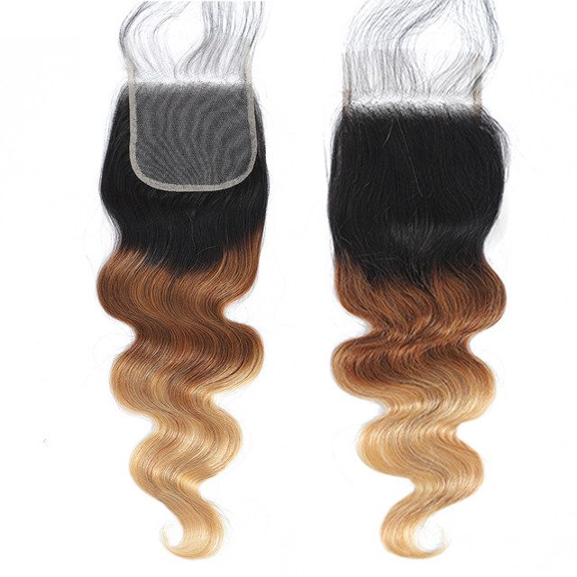 Fasci colorati con chiusura fasci di tessuto per capelli umani a onda del corpo con chiusura in pizzo HD estensioni marrone ombre per le donne_voghion.com