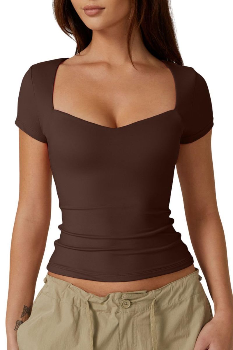 Maglietta a maniche corte con scollo a cuore da donna di confine, tinta unita, stile semplice e alla moda, ombelico_voghion.com