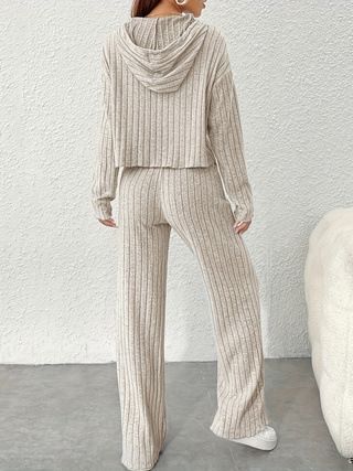 Ensemble élégant deux pièces à capuche et pantalon large pour femme, couleur unie, automne 2024_voghion.com
